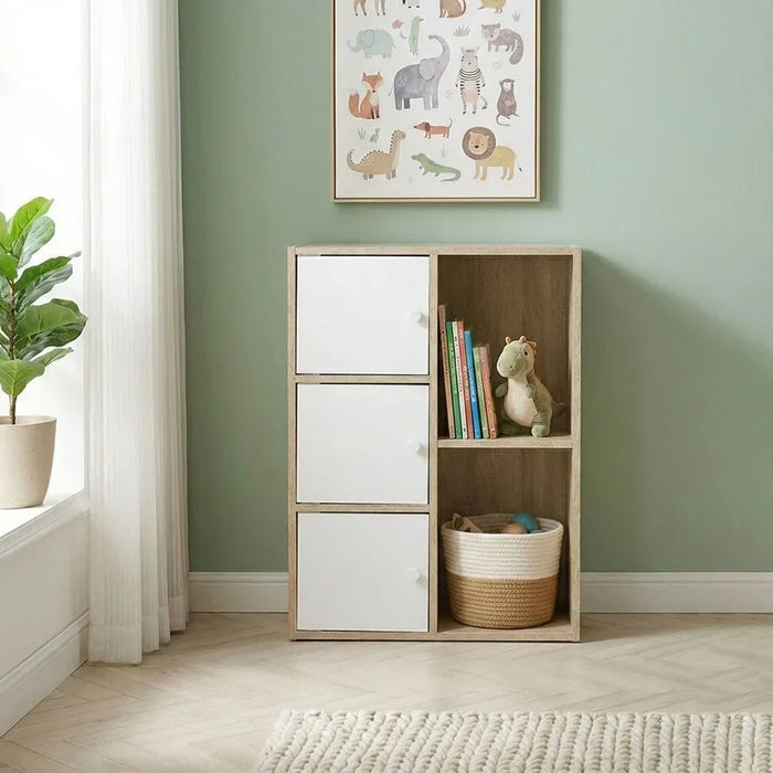 Kinder 3Door Book Case With Open Shelves | Modern Design Organiser Cupboard | Multifunctional Kids Display Rack Book Case For Home L60xW29xH80cm - White & Sonoma Oak