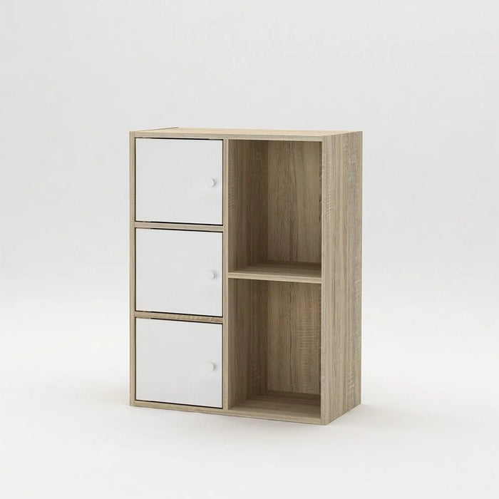 Kinder 3Door Book Case With Open Shelves | Modern Design Organiser Cupboard | Multifunctional Kids Display Rack Book Case For Home L60xW29xH80cm - White & Sonoma Oak