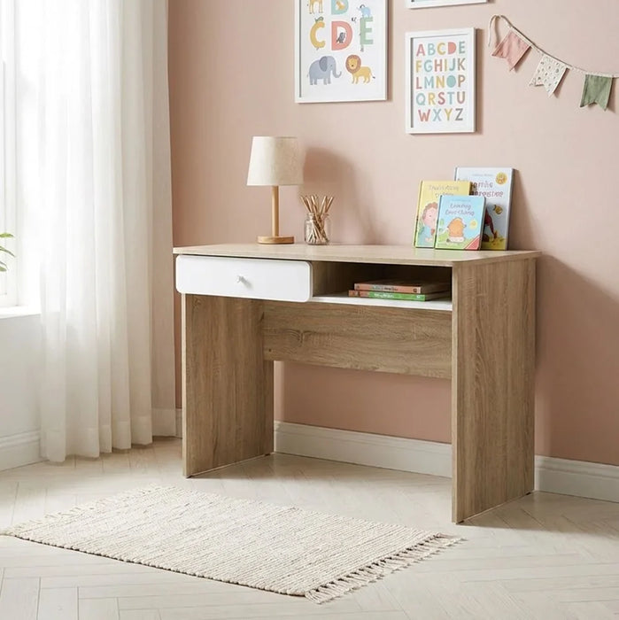 Kinder Study Desk With 1 Drawer | Arts And Crafts Desk | Modern Wooden Kids Table L100xW50xH73cm - White & Sonoma Oak