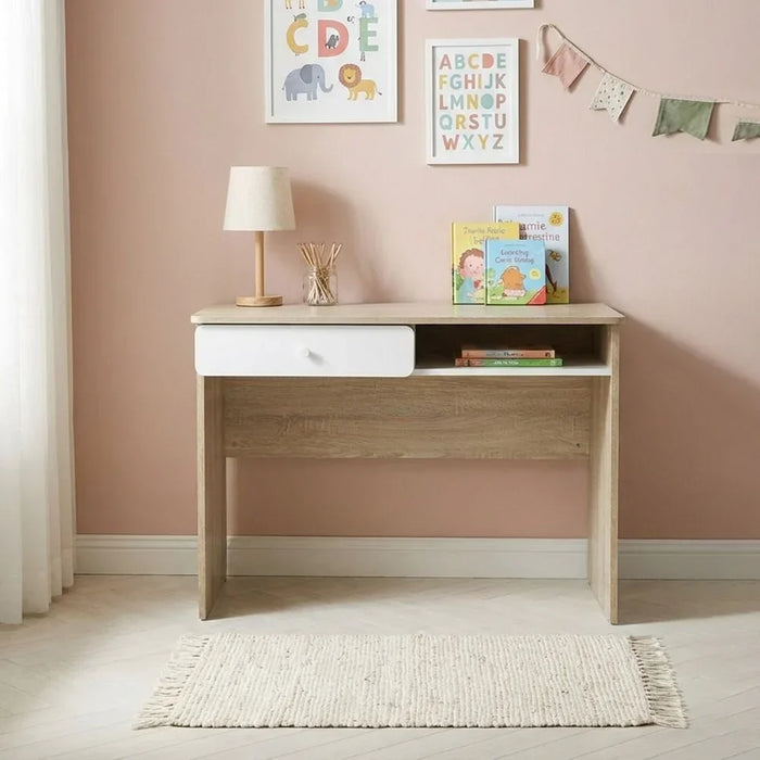Kinder Study Desk With 1 Drawer | Arts And Crafts Desk | Modern Wooden Kids Table L100xW50xH73cm - White & Sonoma Oak