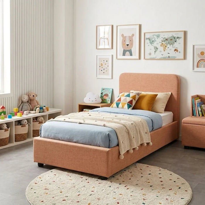 Maxillux Recta 90X200 Upholstered Kids Bed With Usb | Modern Design Single Bed Frame Furniture | Comfortable Bed (Mattress Not Included) L217xW102xH104cm - Peach Pink