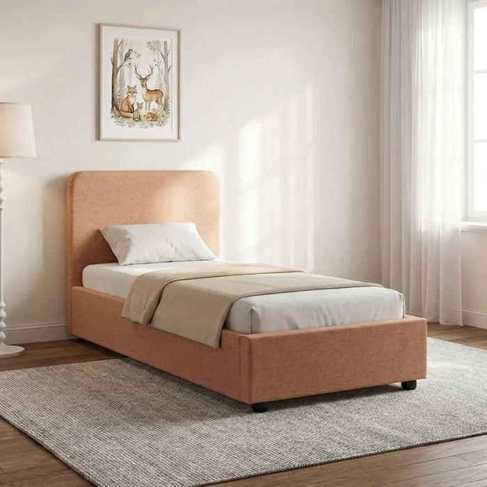 Maxillux Recta 120X200 Upholstered Kids Bed With Usb | Modern Design Single Bed Frame Furniture | Comfortable Bed (Mattress Not Included) L217xW132xH104cm - Peach Pink