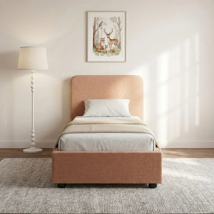 Maxillux Recta 120X200 Upholstered Kids Bed With Usb | Modern Design Single Bed Frame Furniture | Comfortable Bed (Mattress Not Included) L217xW132xH104cm - Peach Pink