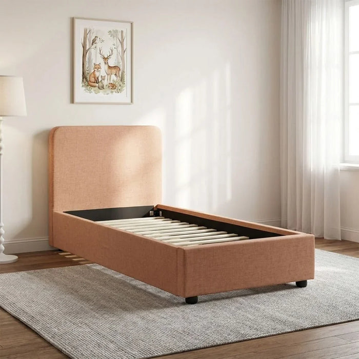 Maxillux Recta 120X200 Upholstered Kids Bed With Usb | Modern Design Single Bed Frame Furniture | Comfortable Bed (Mattress Not Included) L217xW132xH104cm - Peach Pink