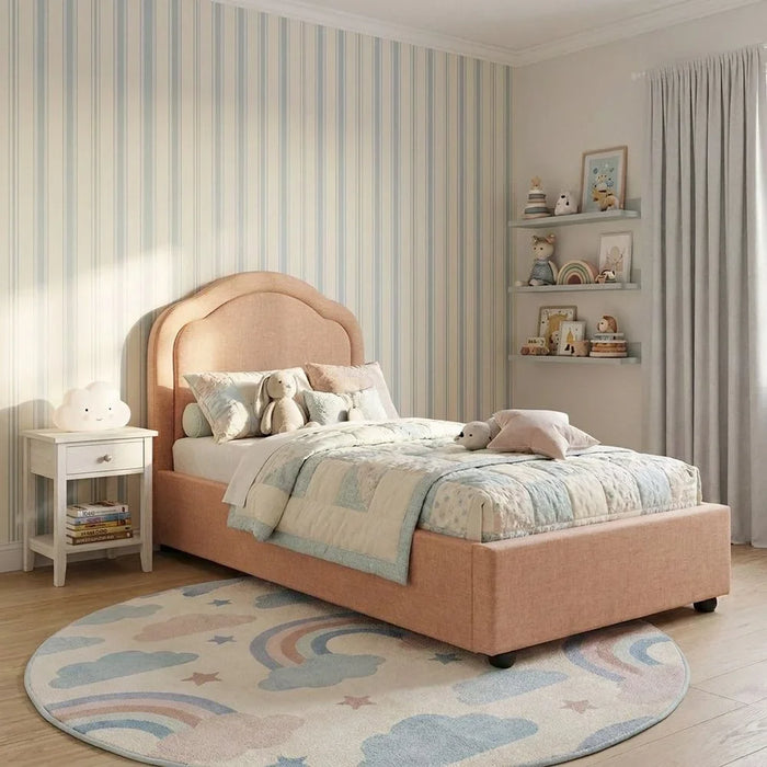 Maxillux Arcus 120X200 Upholstered Kids Bed With Usb | Modern Design Single Bed Frame Furniture | Comfortable Bed (Mattress Not Included) L217xW132xH116cm - Peach Pink