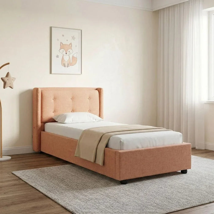 Maxillux Tuft 90X200 Upholstered Kids Bed With Usb | Modern Design Single Bed Frame Furniture | Comfortable Bed (Mattress Not Included) L225xW117xH100cm - Peach Pink