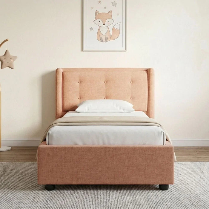 Maxillux Tuft 90X200 Upholstered Kids Bed With Usb | Modern Design Single Bed Frame Furniture | Comfortable Bed (Mattress Not Included) L225xW117xH100cm - Peach Pink