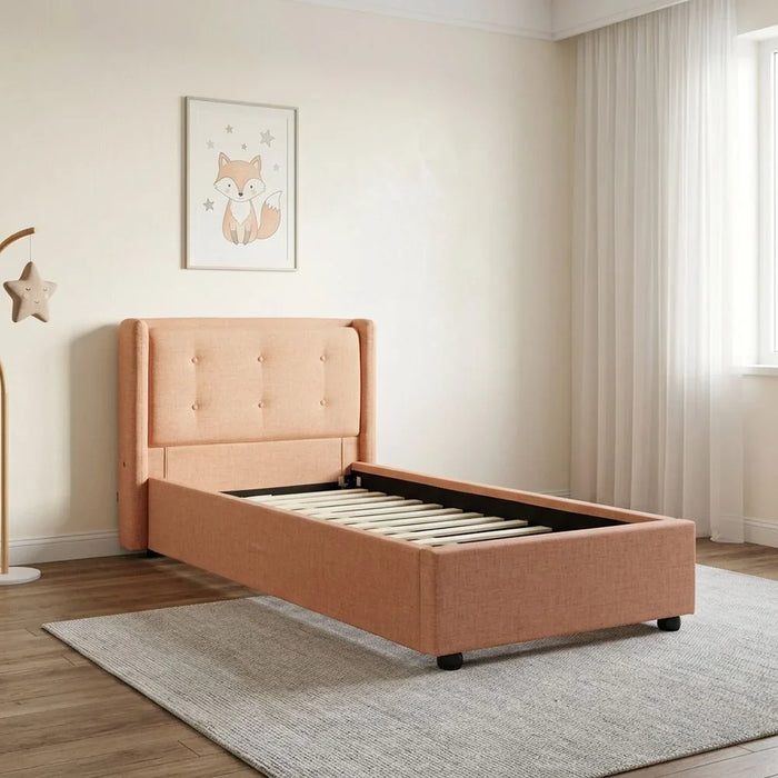 Maxillux Tuft 90X200 Upholstered Kids Bed With Usb | Modern Design Single Bed Frame Furniture | Comfortable Bed (Mattress Not Included) L225xW117xH100cm - Peach Pink