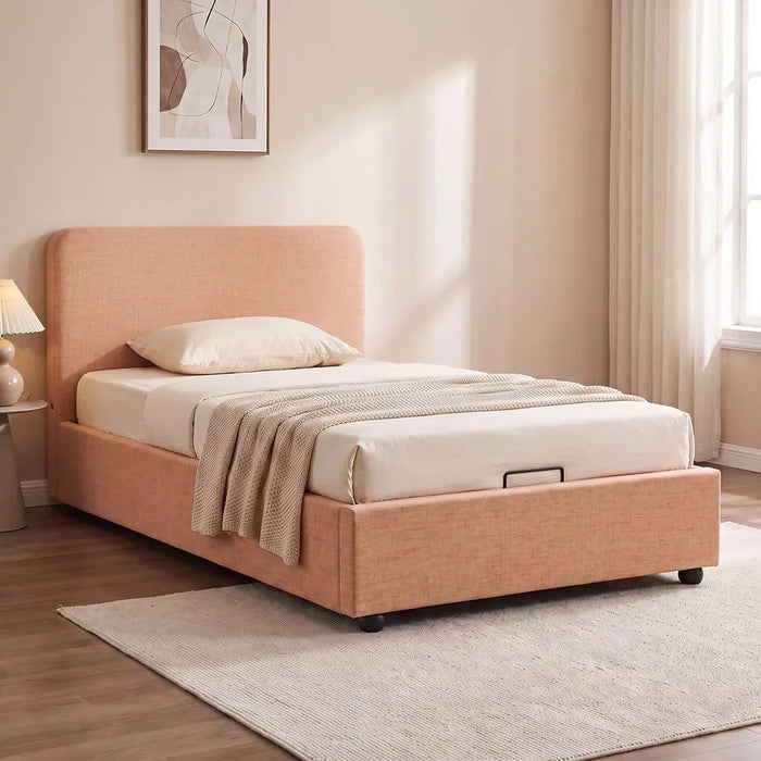 Maxillux Recta 90X200 Upholstered Kids Bed With Hydraulic Storage + Usb | Modern Design Single Bed Frame Furniture | Comfortable Bed (Mattress Not Included) L217xW102xH104cm - Peach Pink