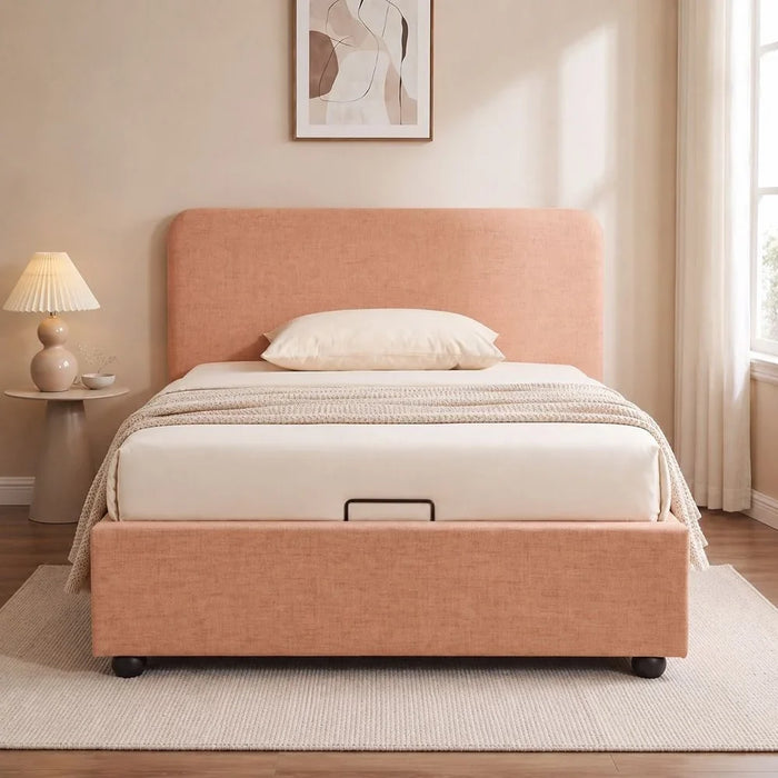 Maxillux Recta 90X200 Upholstered Kids Bed With Hydraulic Storage + Usb | Modern Design Single Bed Frame Furniture | Comfortable Bed (Mattress Not Included) L217xW102xH104cm - Peach Pink