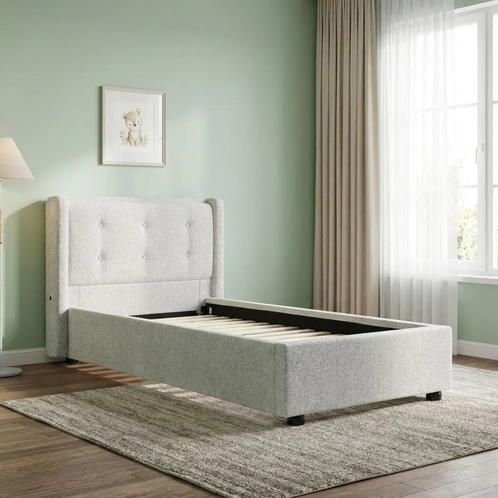 Maxillux Tuft 120X200 Upholstered Kids Bed With USB | Modern Design Single Bed Frame Furniture | Comfortable Bed (Mattress Not Included) L225xW147xH100cm - Grey