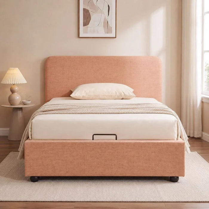 Maxillux Recta 120X200 Upholstered Kids Bed With Hydraulic Storage + Usb | Modern Design Single Bed Frame Furniture | Comfortable Bed (Mattress Not Included) L217xW132xH104cm - Peach Pink