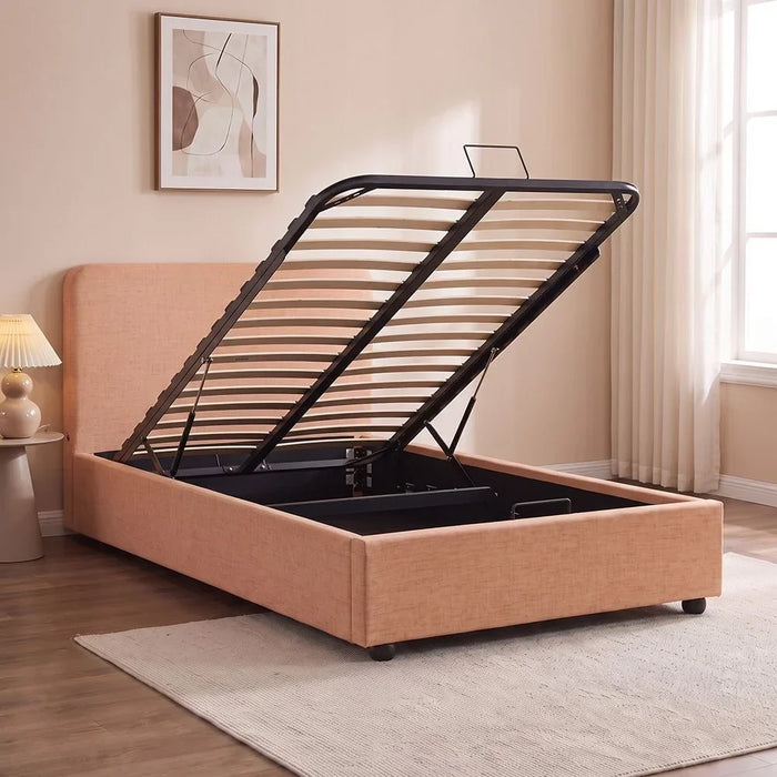 Maxillux Recta 120X200 Upholstered Kids Bed With Hydraulic Storage + Usb | Modern Design Single Bed Frame Furniture | Comfortable Bed (Mattress Not Included) L217xW132xH104cm - Peach Pink