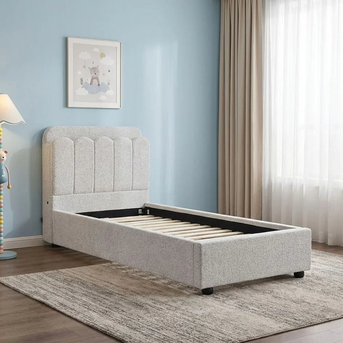 Maxillux Linea 90X200 Upholstered Kids Bed With USB | Modern Design Single Bed Frame Furniture | Comfortable Bed (Mattress Not Included) L227xW102xH106cm - Grey