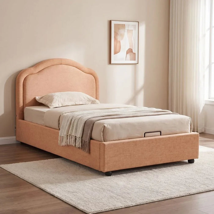 Maxillux Arcus 90X200 Upholstered Kids Bed With Hydraulic Storage + Usb | Modern Design Single Bed Frame Furniture | Comfortable Bed (Mattress Not Included) L217xW102xH116cm - Peach Pink