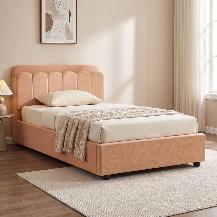 Maxillux Linea 120X200 Upholstered Kids Bed With Usb | Modern Design Single Bed Frame Furniture | Comfortable Bed (Mattress Not Included) L227xW132xH106cm - Peach Pink