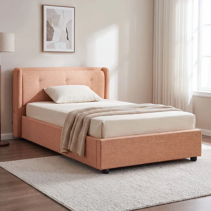 Maxillux Tuft 90X200 Upholstered Kids Bed With Hydraulic Storage + Usb | Modern Design Single Bed Frame Furniture | Comfortable Bed (Mattress Not Included) L225xW117xH100cm - Peach Pink