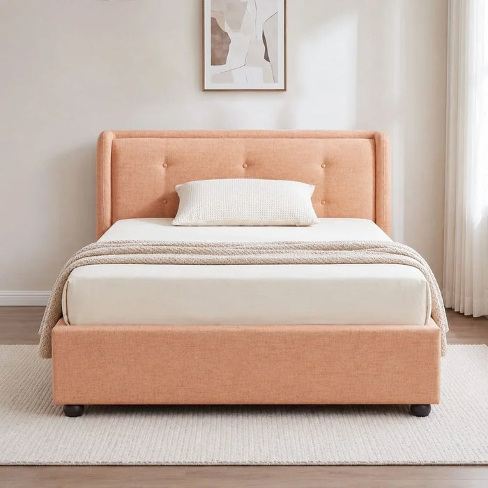 Maxillux Tuft 90X200 Upholstered Kids Bed With Hydraulic Storage + Usb | Modern Design Single Bed Frame Furniture | Comfortable Bed (Mattress Not Included) L225xW117xH100cm - Peach Pink