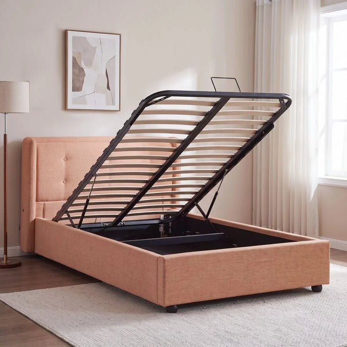 Maxillux Tuft 120X200 Upholstered Kids Bed With Hydraulic Storage + Usb | Modern Design Single Bed Frame Furniture | Comfortable Bed (Mattress Not Included) L225xW147xH100cm - Peach Pink