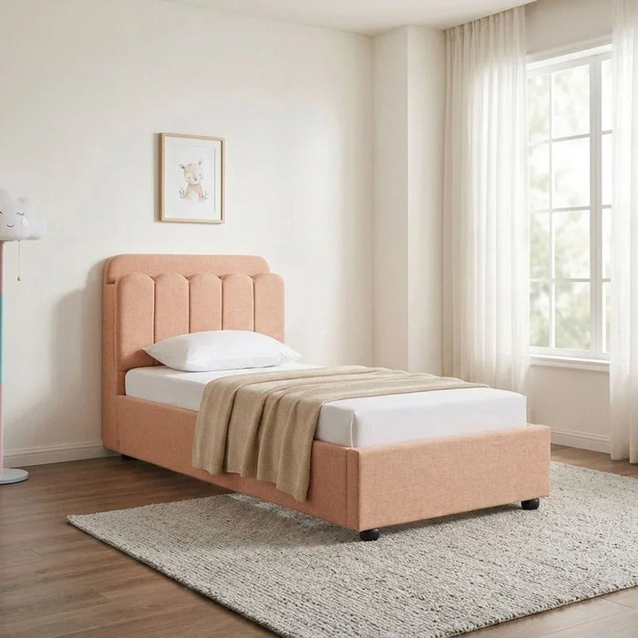 Maxillux Linea 90X200 Upholstered Kids Bed With Hydraulic Storage + Usb | Modern Design Single Bed Frame Furniture | Comfortable Bed (Mattress Not Included) L227xW102xH106cm - Peach Pink