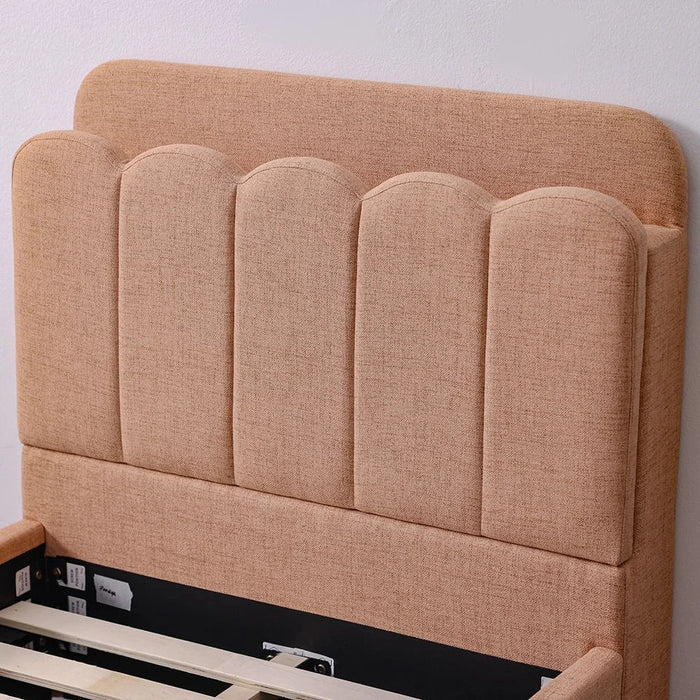 Maxillux Linea 90X200 Upholstered Kids Bed With Hydraulic Storage + Usb | Modern Design Single Bed Frame Furniture | Comfortable Bed (Mattress Not Included) L227xW102xH106cm - Peach Pink