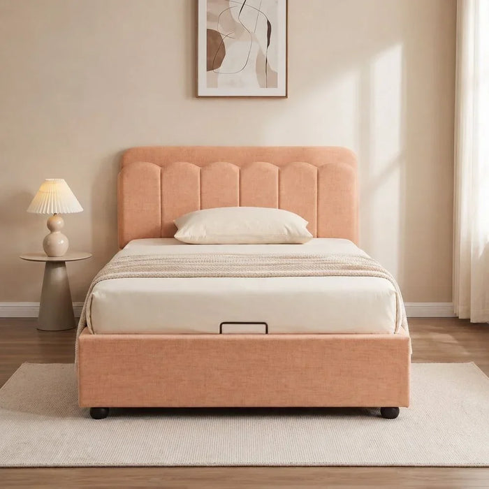 Maxillux Linea 120X200 Upholstered Kids Bed With Hydraulic Storage + Usb | Modern Design Single Bed Frame Furniture | Comfortable Bed (Mattress Not Included) L227xW132xH106cm - Peach Pink