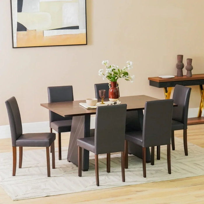 Parson 7 Pieces Rectangular Dining Set Modern Design 6 Seater Comfortable Chairs And 1 Adjustable Table Cappuccino 150x90x75.5cm