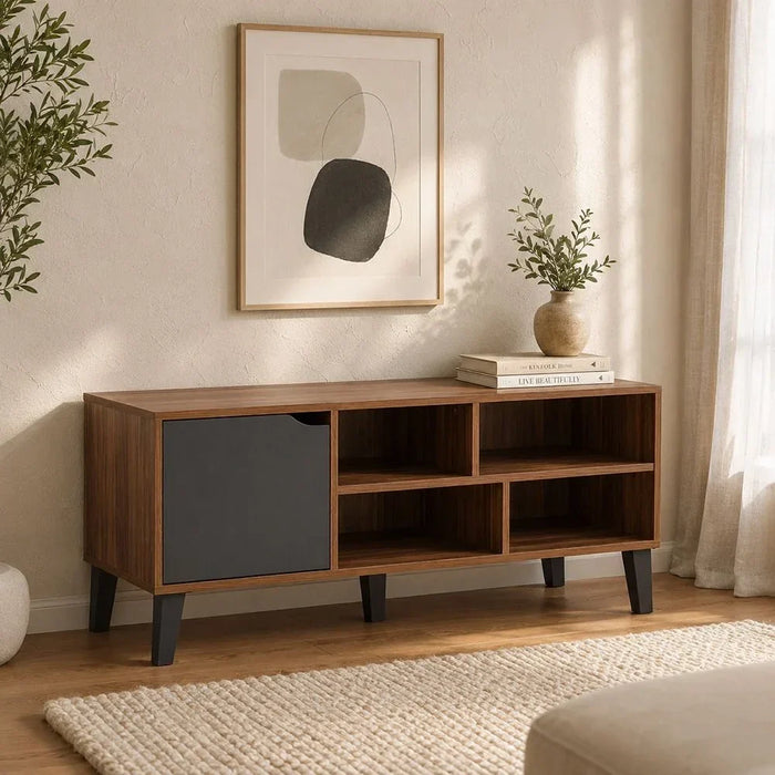 Elio TV Cabinet For Up To 32 Inches TV Entertainment Modern Design Wall Unit Furniture Wooden TV Stand For Living Room Bedroom TV Rack L120xW40xH49 cm Cherry/Dark Grey