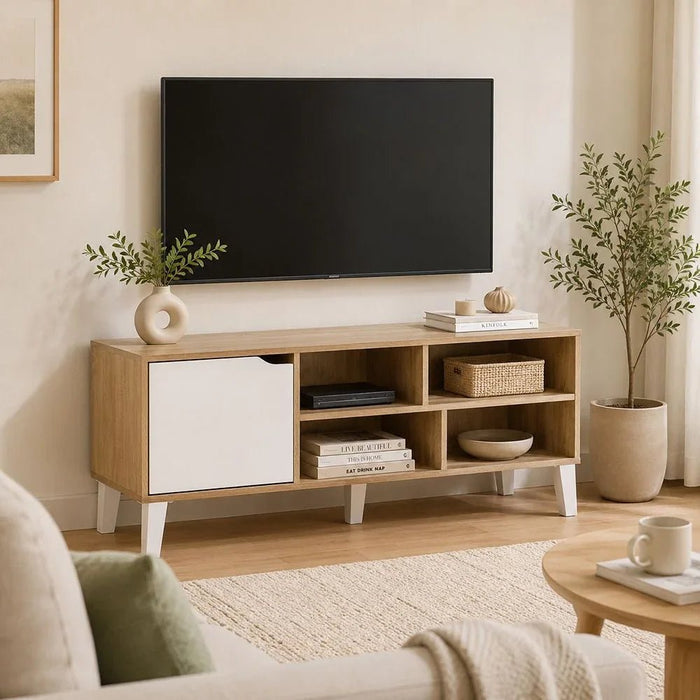 Elio TV Cabinet For Up To 32 Inches TV Entertainment Modern Design Wall Unit Furniture Wooden TV Stand For Living Room Bedroom TV Rack L120xW40xH49 cm Sonoma Oak/White