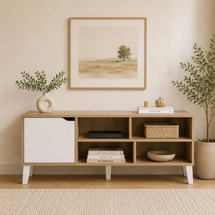 Elio TV Cabinet For Up To 32 Inches TV Entertainment Modern Design Wall Unit Furniture Wooden TV Stand For Living Room Bedroom TV Rack L120xW40xH49 cm Sonoma Oak/White