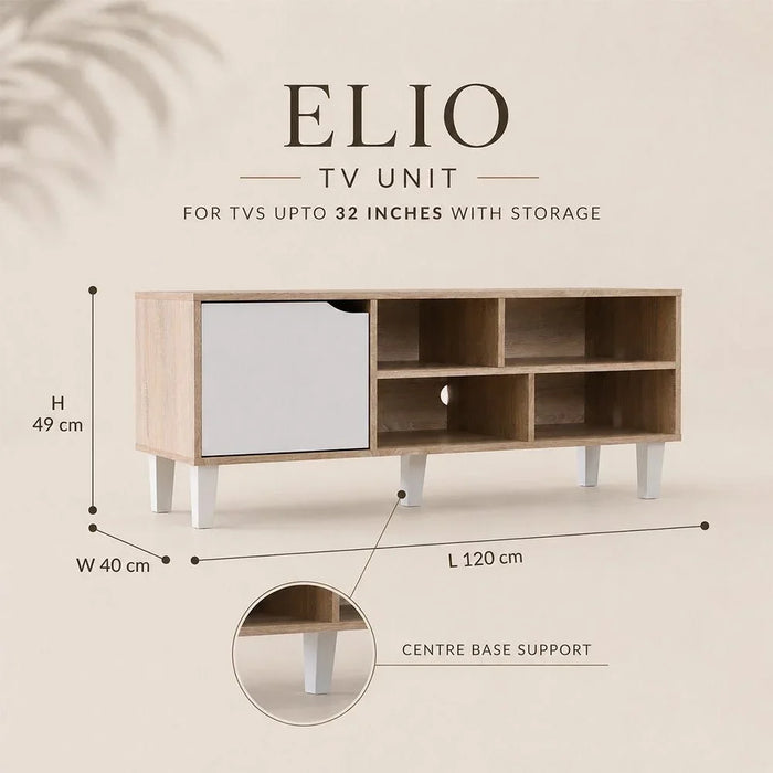 Elio TV Cabinet For Up To 32 Inches TV Entertainment Modern Design Wall Unit Furniture Wooden TV Stand For Living Room Bedroom TV Rack L120xW40xH49 cm Sonoma Oak/White