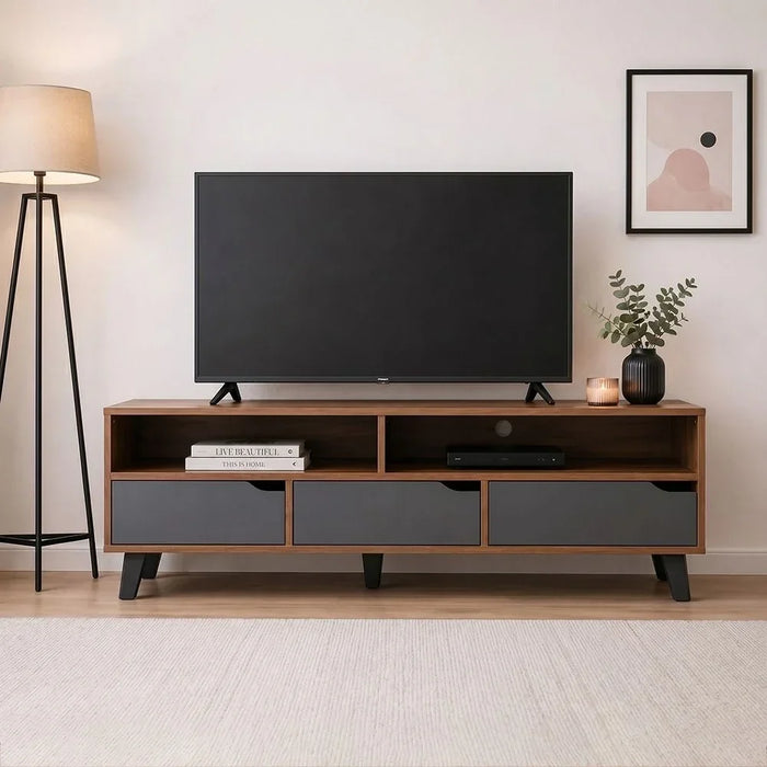 Fabian TV Cabinet For Up To 55 Inches TV Entertainment Modern Design Wall Unit Furniture Wooden TV Stand For Living Room Bedroom TV Rack L152xW40xH49 cm Cherry/Dark Grey