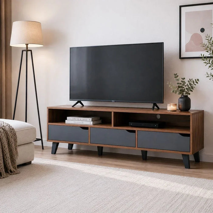 Fabian TV Cabinet For Up To 55 Inches TV Entertainment Modern Design Wall Unit Furniture Wooden TV Stand For Living Room Bedroom TV Rack L152xW40xH49 cm Cherry/Dark Grey