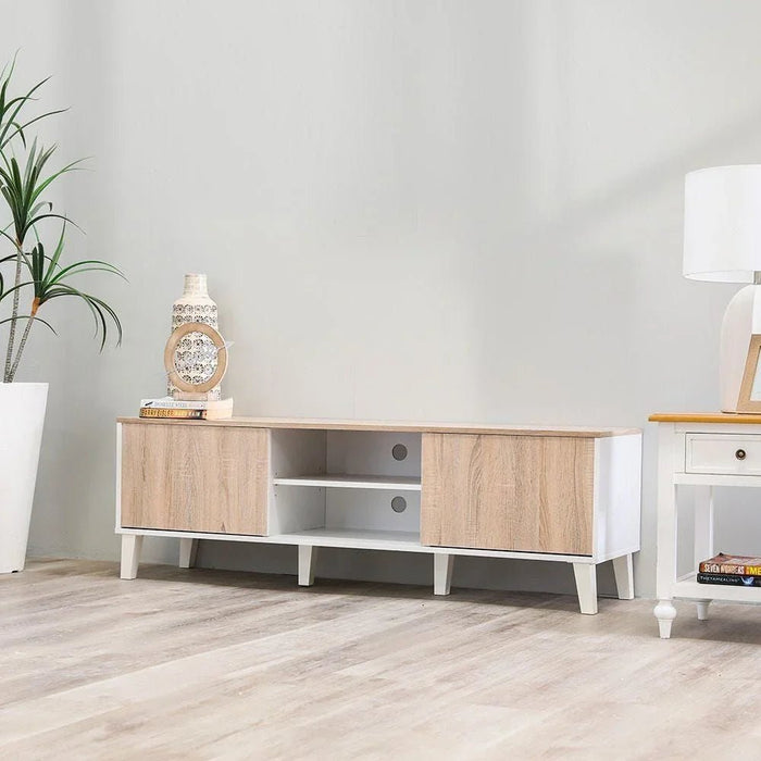 Juno TV Cabinet For Up To 55 Inches TV Entertainment Modern Design Wall Unit Furniture Wooden TV Stand For Living Room Bedroom TV Rack L152xW40xH49 cm White/Sonoma Oak