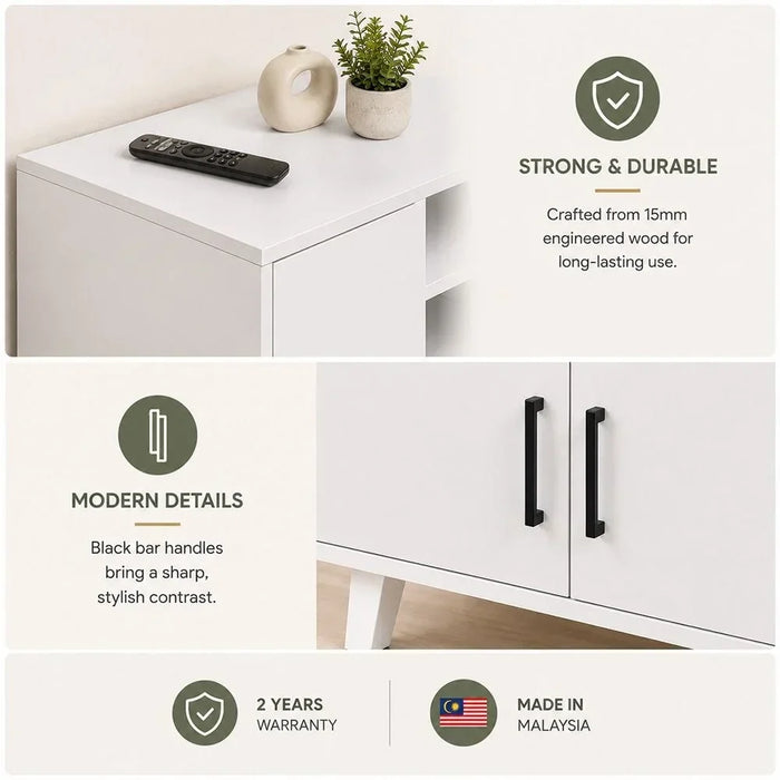 Arlo TV Cabinet For Up To 55 Inches TV Entertainment Modern Design Wall Unit Furniture Wooden TV Stand For Living Room Bedroom TV Rack L152xW40xH49 cm White