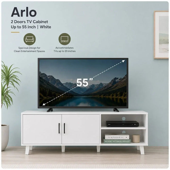Arlo TV Cabinet For Up To 55 Inches TV Entertainment Modern Design Wall Unit Furniture Wooden TV Stand For Living Room Bedroom TV Rack L152xW40xH49 cm White