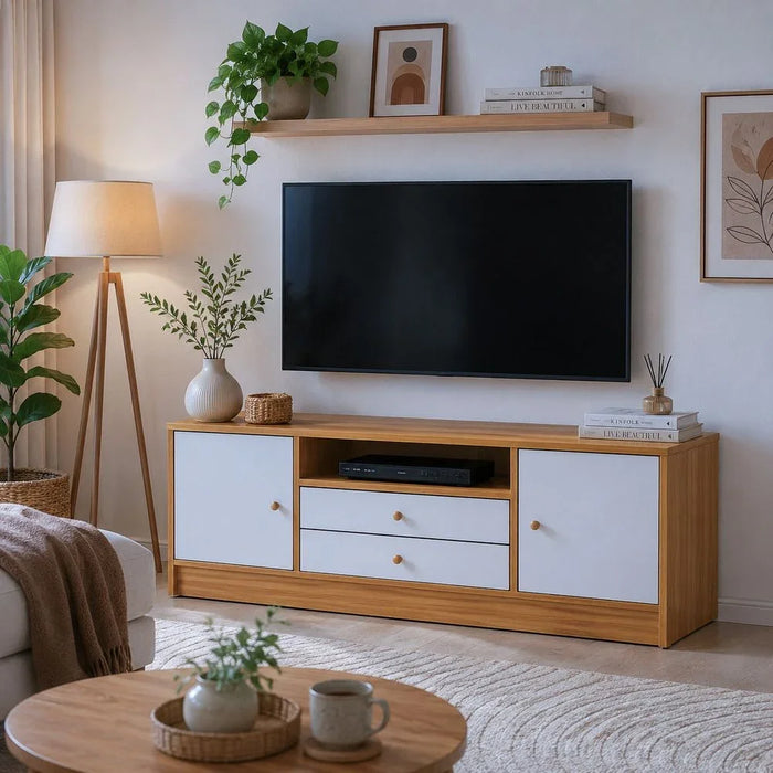 Solana TV Cabinet For Up To 50 Inches TV Entertainment Modern Design Wall Unit Furniture Wooden TV Stand For Living Room Bedroom TV Rack L 120 x W 40 x H 54 cm Light Oak/White
