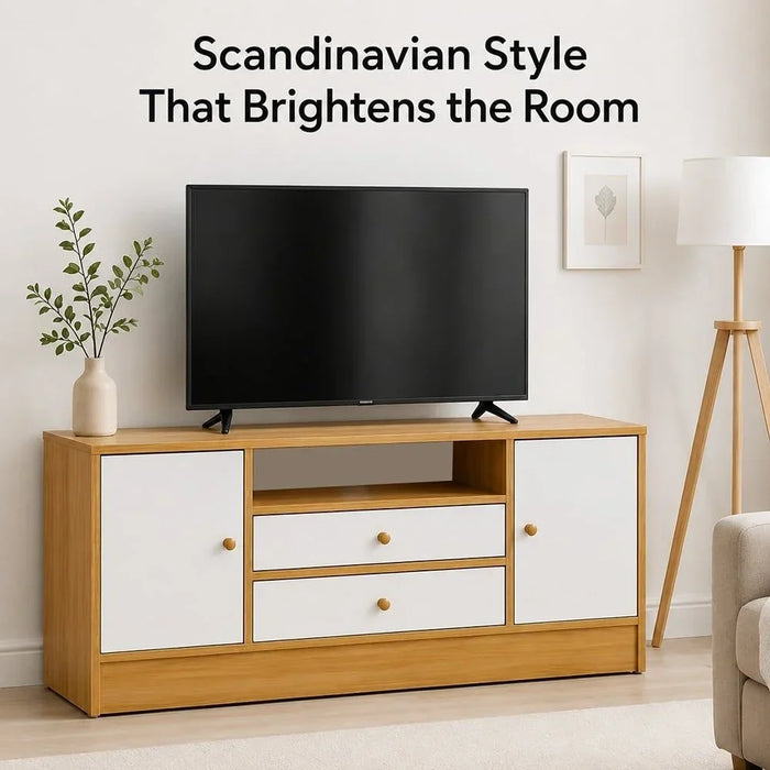Solana TV Cabinet For Up To 50 Inches TV Entertainment Modern Design Wall Unit Furniture Wooden TV Stand For Living Room Bedroom TV Rack L 120 x W 40 x H 54 cm Light Oak/White