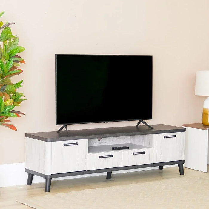Kirwin Tv Unit With 2 Drawer And 2 Doors Up To 70 Inches Modern Design Wall Unit Furniture Wooden Tv Stand Tv Rack Media Center For Living Room Bedroom L160Xw40Xh47Cm-Grey Oak/Black