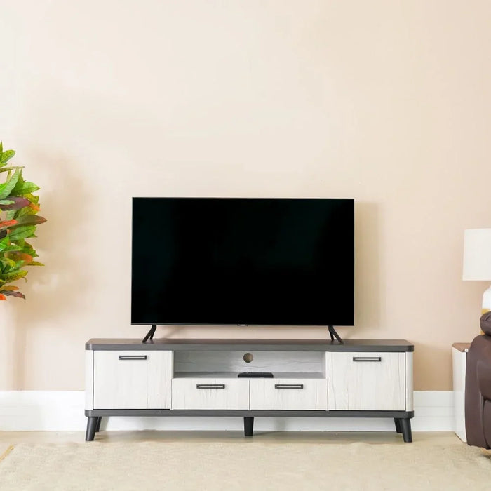 Kirwin Tv Unit With 2 Drawer And 2 Doors Up To 70 Inches Modern Design Wall Unit Furniture Wooden Tv Stand Tv Rack Media Center For Living Room Bedroom L160Xw40Xh47Cm-Grey Oak/Black