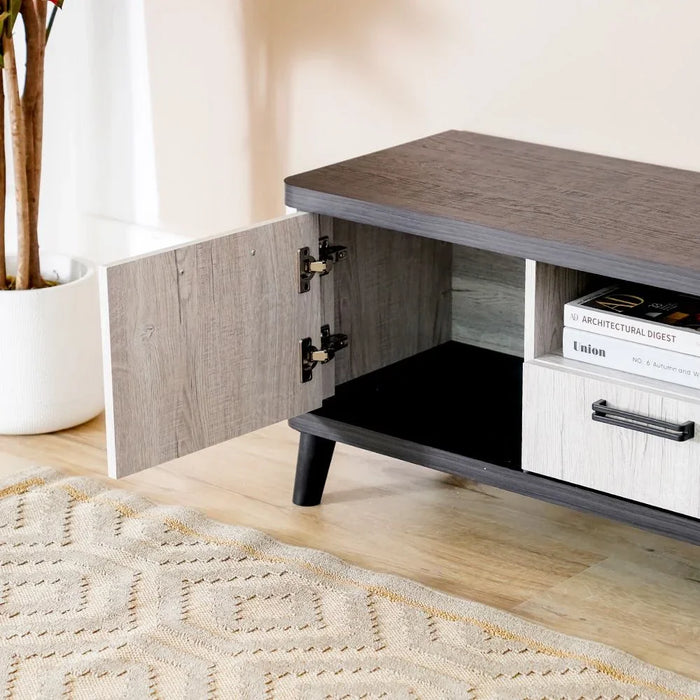 Kirwin Tv Unit With 2 Drawer And 2 Doors Up To 70 Inches Modern Design Wall Unit Furniture Wooden Tv Stand Tv Rack Media Center For Living Room Bedroom L160Xw40Xh47Cm-Grey Oak/Black