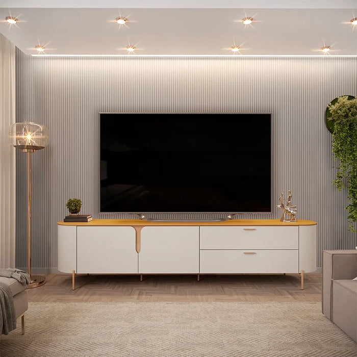 Kaido Tv Unit With 2Doors & 2Drawers Up To 75 Inch | Modern Design TV Cabinet | Wooden TV Stand TV Rack | Media Center For Living Room L241xW47xH57cm-L.Beige/Brown