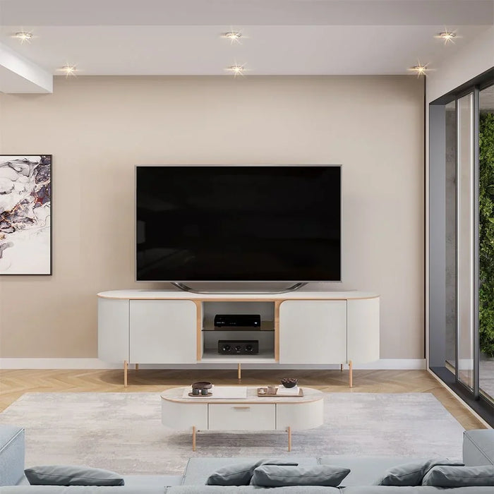 Havant Tv Unit With 2Doors & Open Shelves Up To 65 Inch | Modern Design TV Cabinet | Wooden TV Stand TV Rack | Media Center For Living Room L180xW45xH57cm-Off White/Brown