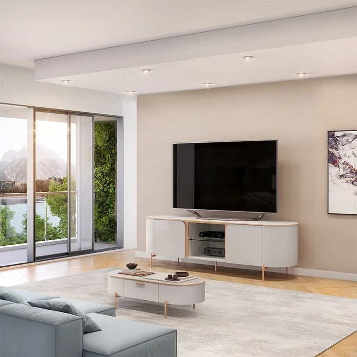 Havant Tv Unit With 2Doors & Open Shelves Up To 65 Inch | Modern Design TV Cabinet | Wooden TV Stand TV Rack | Media Center For Living Room L180xW45xH57cm-Off White/Brown