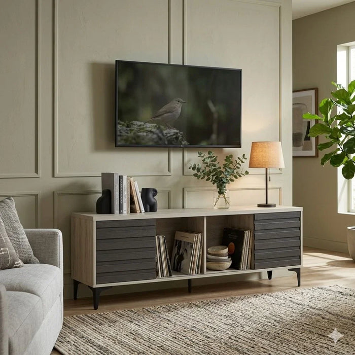 New Nicosia TV Unit up to 80 Inches | Modern Design TV Cabinet | Wooden TV Stand TV Rack | Media Center For Living Room L180xW40xH55cm-White Oak / Black