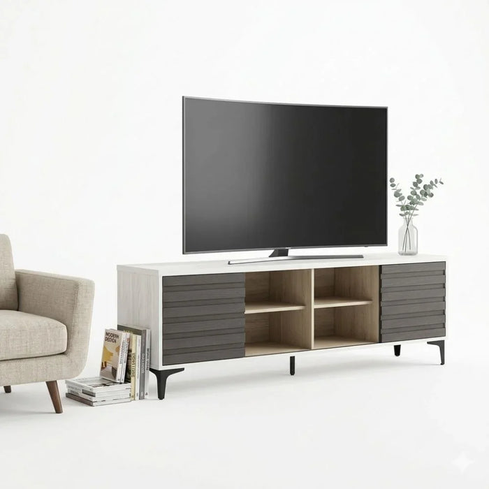 New Nicosia TV Unit up to 80 Inches | Modern Design TV Cabinet | Wooden TV Stand TV Rack | Media Center For Living Room L180xW40xH55cm-White Oak / Black