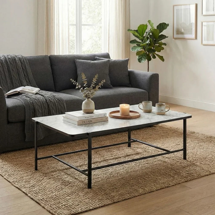 Reuben Coffee Table - Elegant White Marble & Black Finish for Living Room | Stylish Engineered Wood & Metal Design | Size: L121xW61xH40cm | Modern Furniture