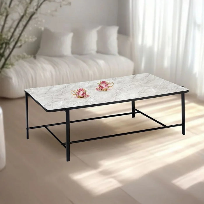 Reuben Coffee Table - Elegant White Marble & Black Finish for Living Room | Stylish Engineered Wood & Metal Design | Size: L121xW61xH40cm | Modern Furniture