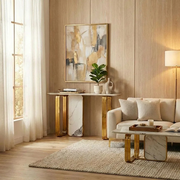 Orion Sintered Stone Console Table | Multifunctional Living Room Table | Space Saving Console Table | Modern Design Furniture For Living Room -White/Gold