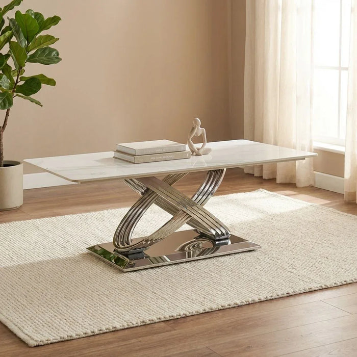 Orlando Sintered Stone Coffee Table | Multifunctional Living Room Table | Space Saving Center Table | Modern Design Furniture For Living Room -White/Silver
